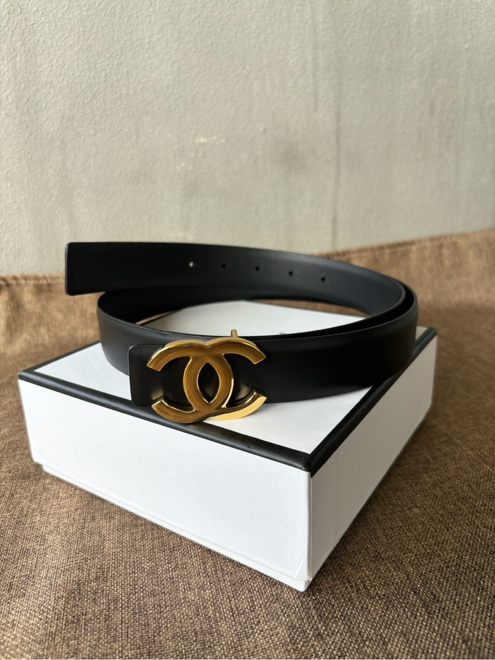 BestCHANEL Black Leather Belt with Gold CC Buckle